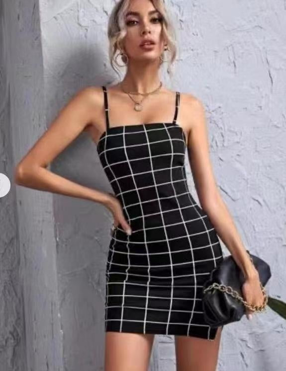 Retro Kariertes Sexy Spaghettiträger Bodycon Minikleid für Damen